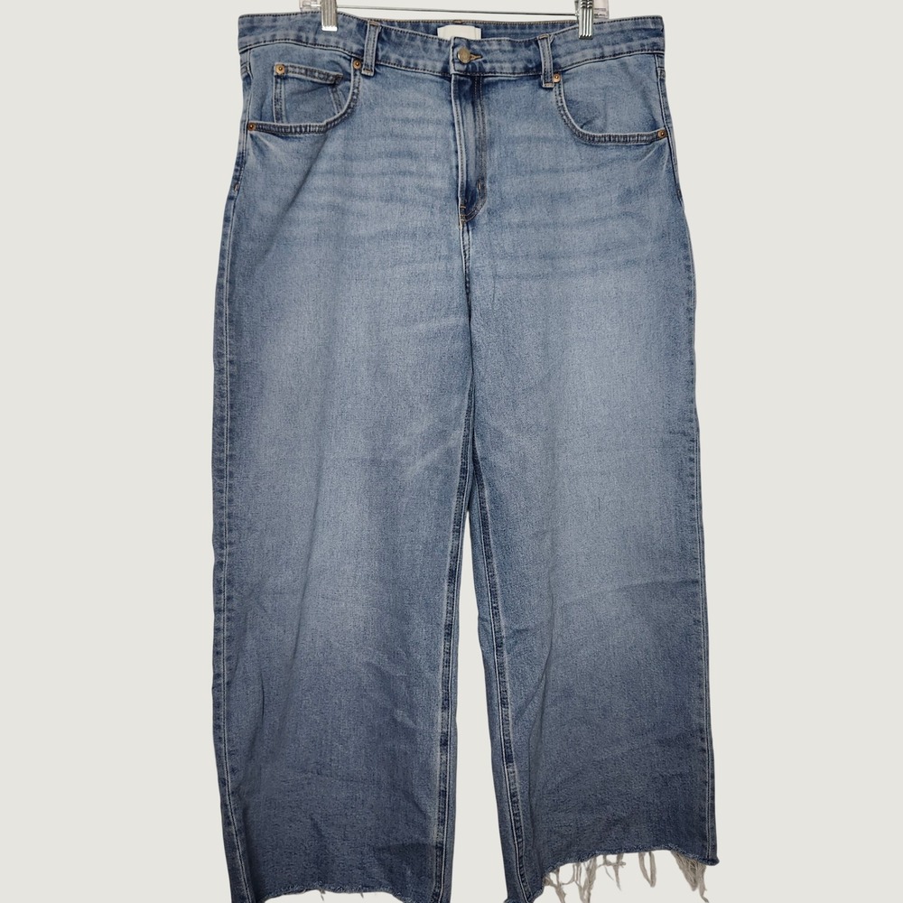 HM Women Blue High Waist Wide Leg Raw Hem Denim Jeans 16 Medium Wash Y2K